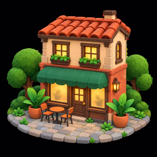 The Café from the street: a small tiled-roof house with a green awning, warm light in every window, two chairs out front.