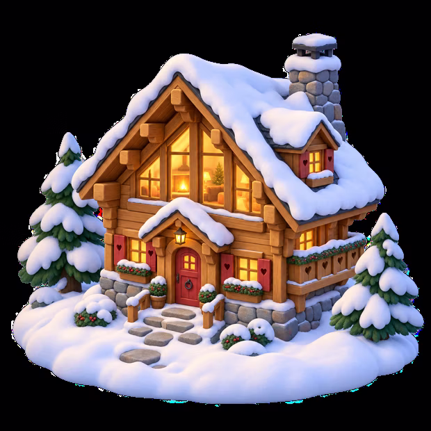 A timber chalet under deep snow, lit windows, pines either side.