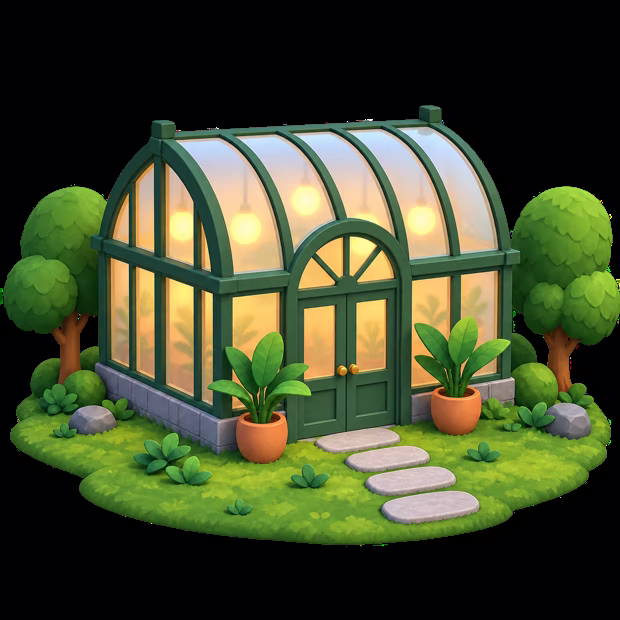 A glasshouse with a curved roof, glowing from inside, potted plants around the door.