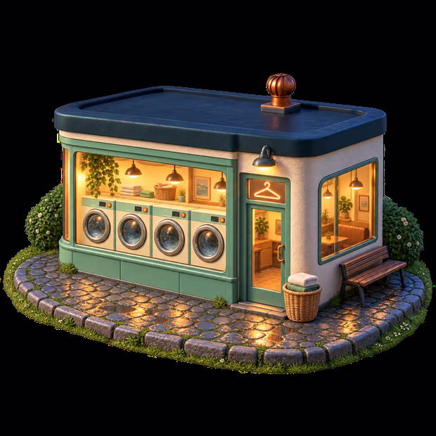 A corner laundrette at night, a row of machines behind the glass, a bench outside.