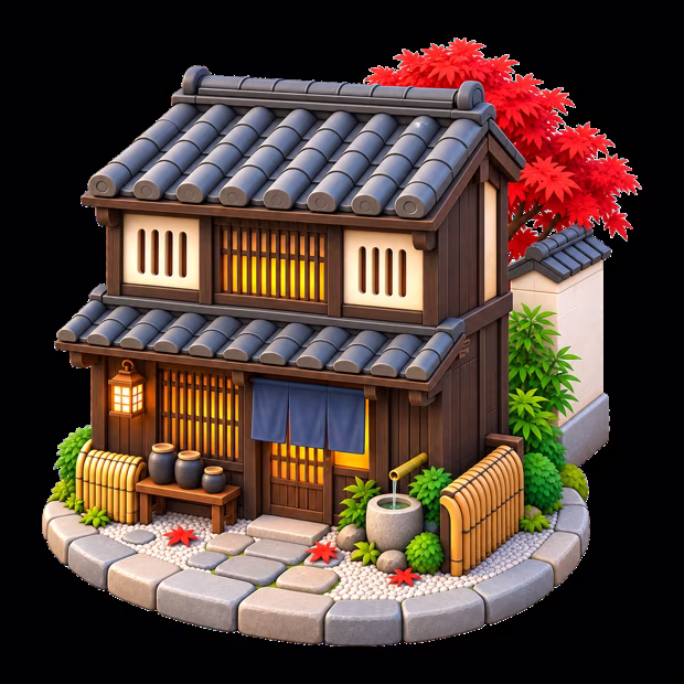 A wooden Kyoto machiya with a tiled roof, lanterns and a red maple behind it.