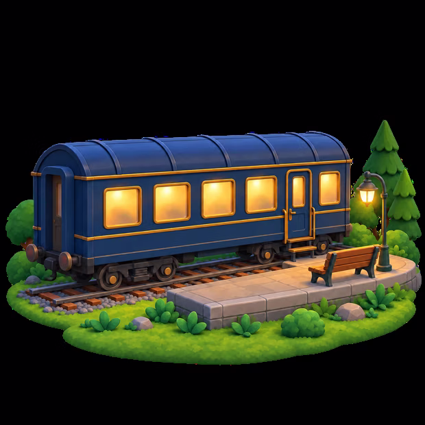 A dark blue sleeper carriage standing at a small platform, every window lit.