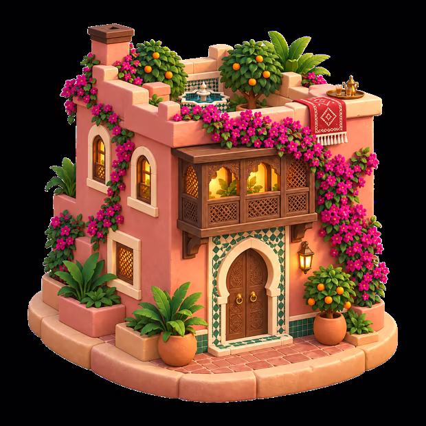 A pink Marrakech riad with a carved door, bougainvillea and orange trees on the roof.