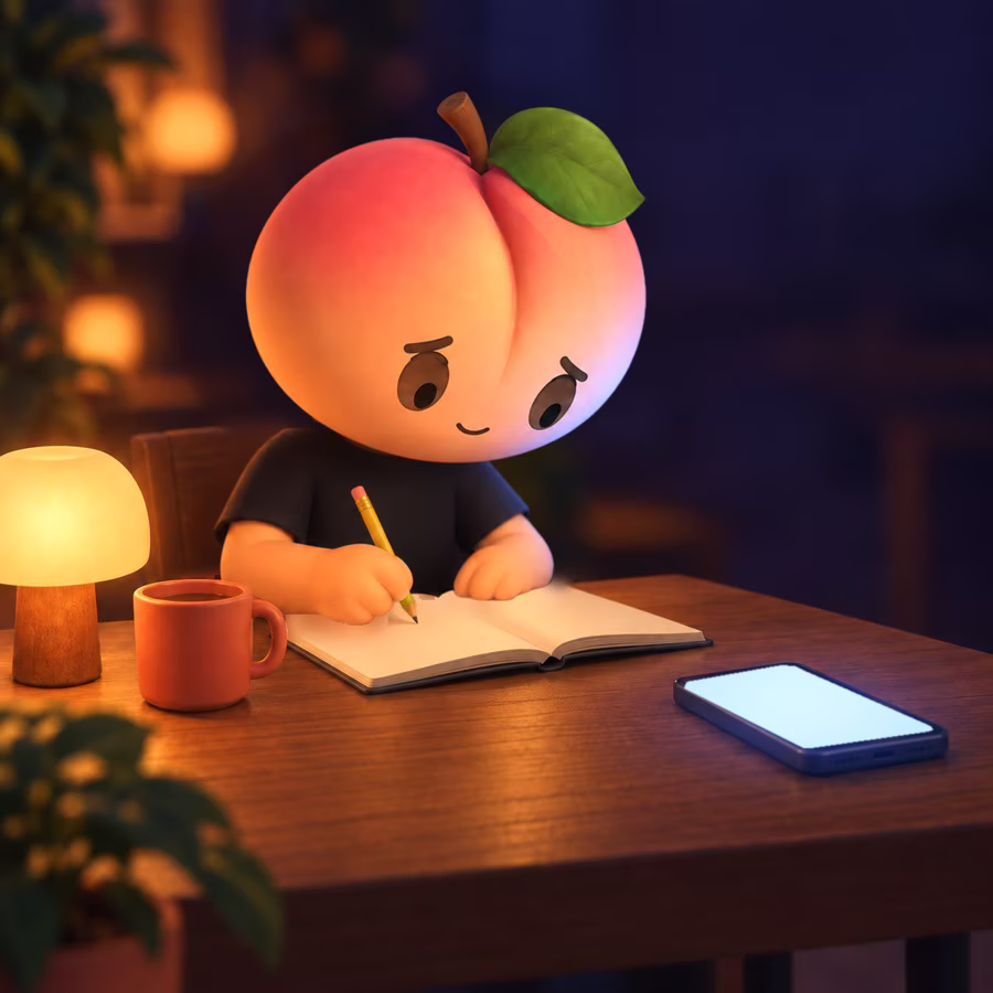 A peach at a lamp-lit table, pen in hand, glancing sideways at a phone that has lit up.