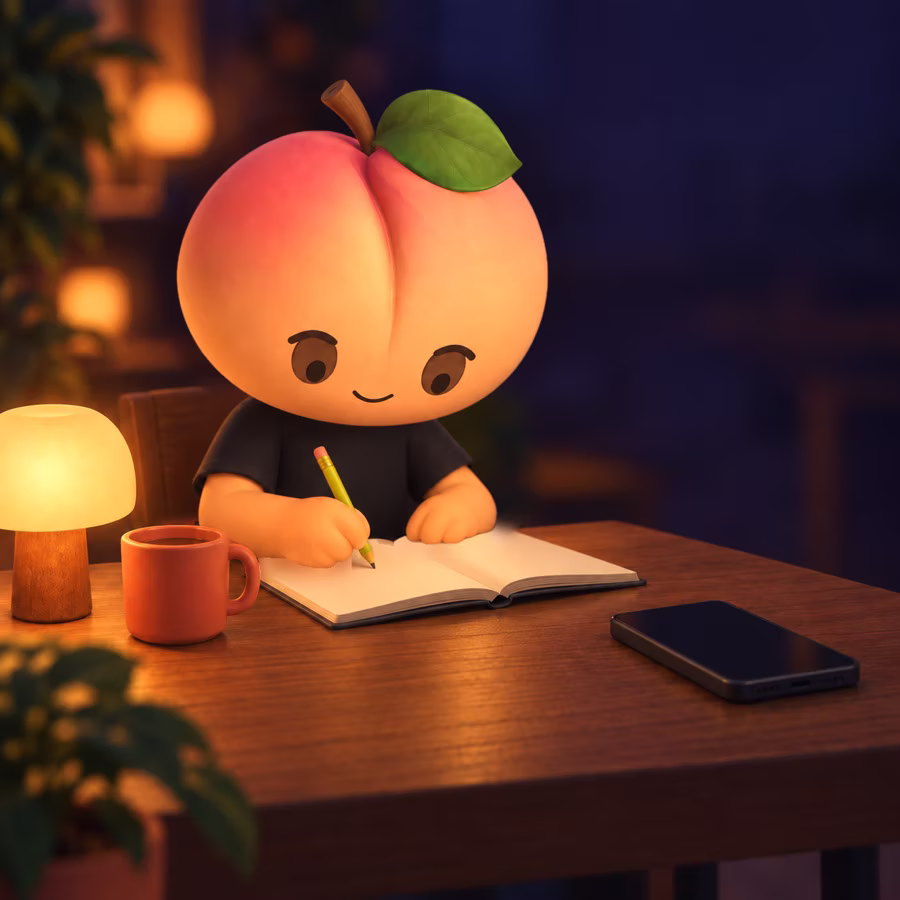The same table, the same peach, back on the notebook. The phone is dark.